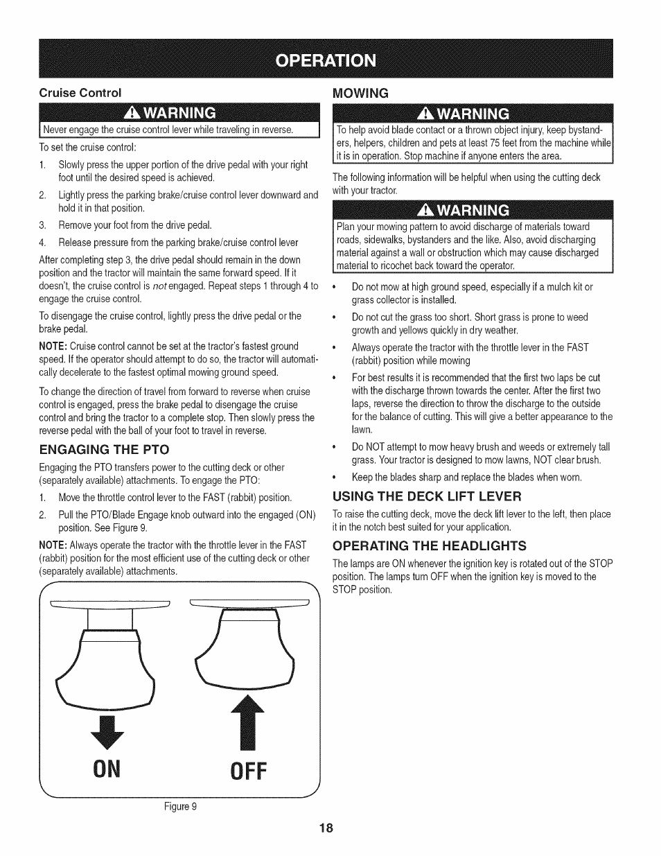 Cruise control, Awarning, Engaging the pto | Using the deck lift lever, Operating the headlights, Operation | Craftsman PGT9000 User Manual | Page 18 / 100