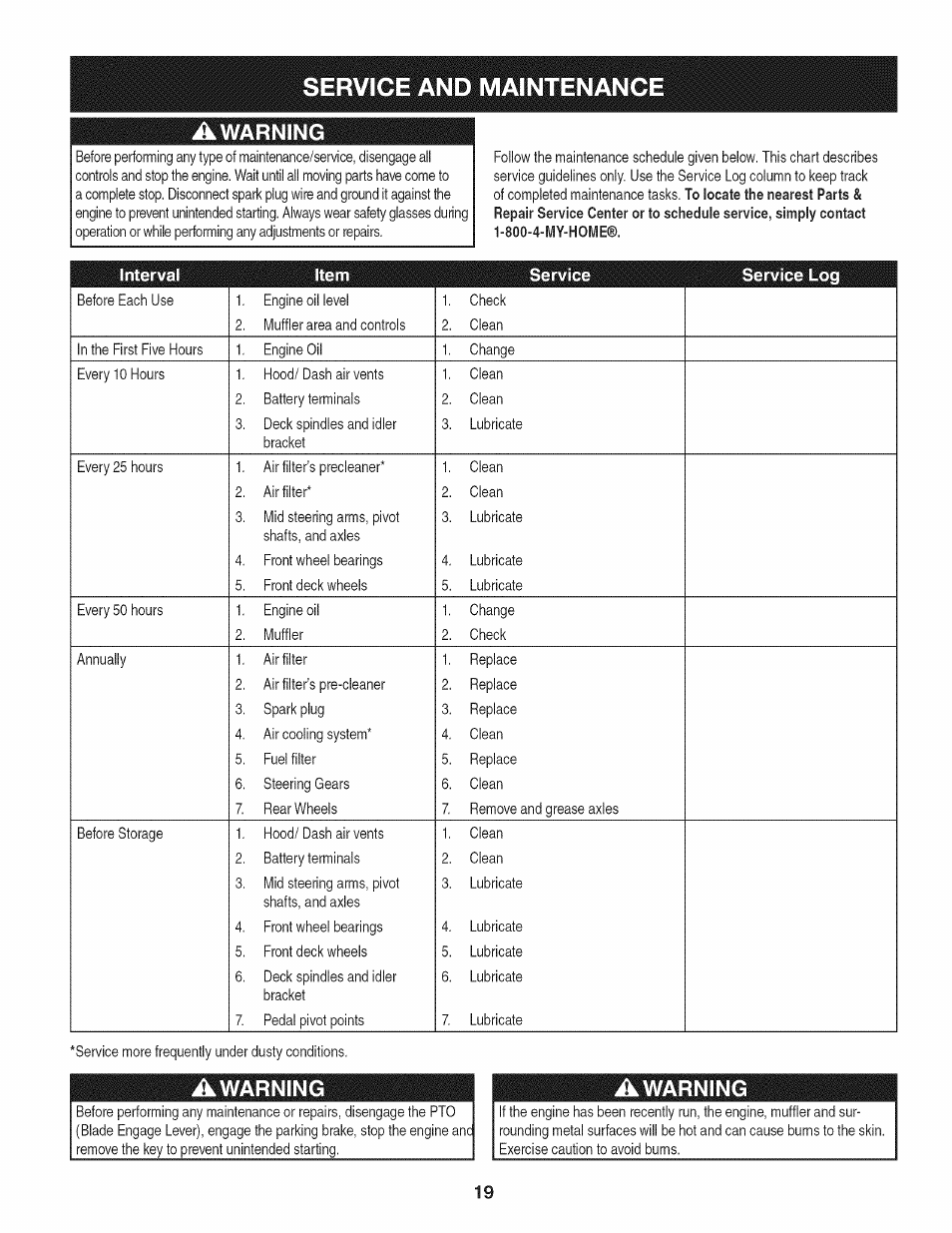 Service and maintenanc, Awarning | Craftsman PGT9000 User Manual | Page 19 / 100