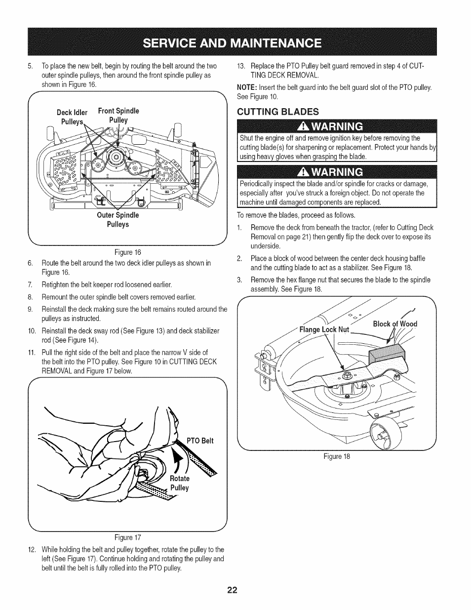 Cutting blades, Awarning, Service and maintenance | Craftsman PGT9000 User Manual | Page 22 / 100