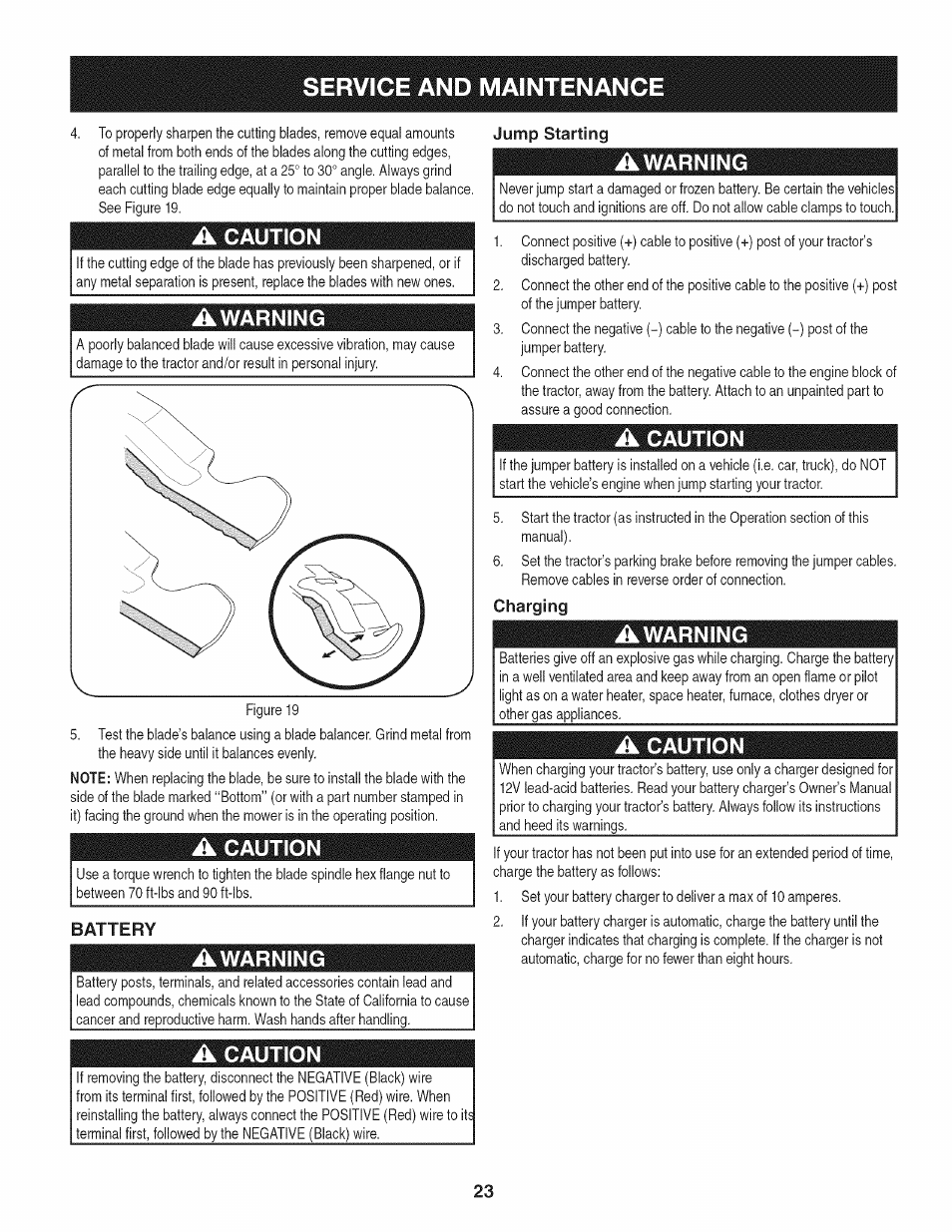 Battery, Jump starting, Charging | Service and maintenanc, Caution, Awarning | Craftsman PGT9000 User Manual | Page 23 / 100