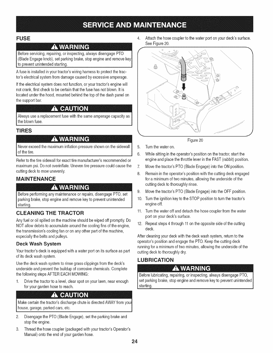 A caution, Tires, Awarning | Maintenance, Cleaning the tractor, Deck wash system, Lubrication, Service and maintenance | Craftsman PGT9000 User Manual | Page 24 / 100