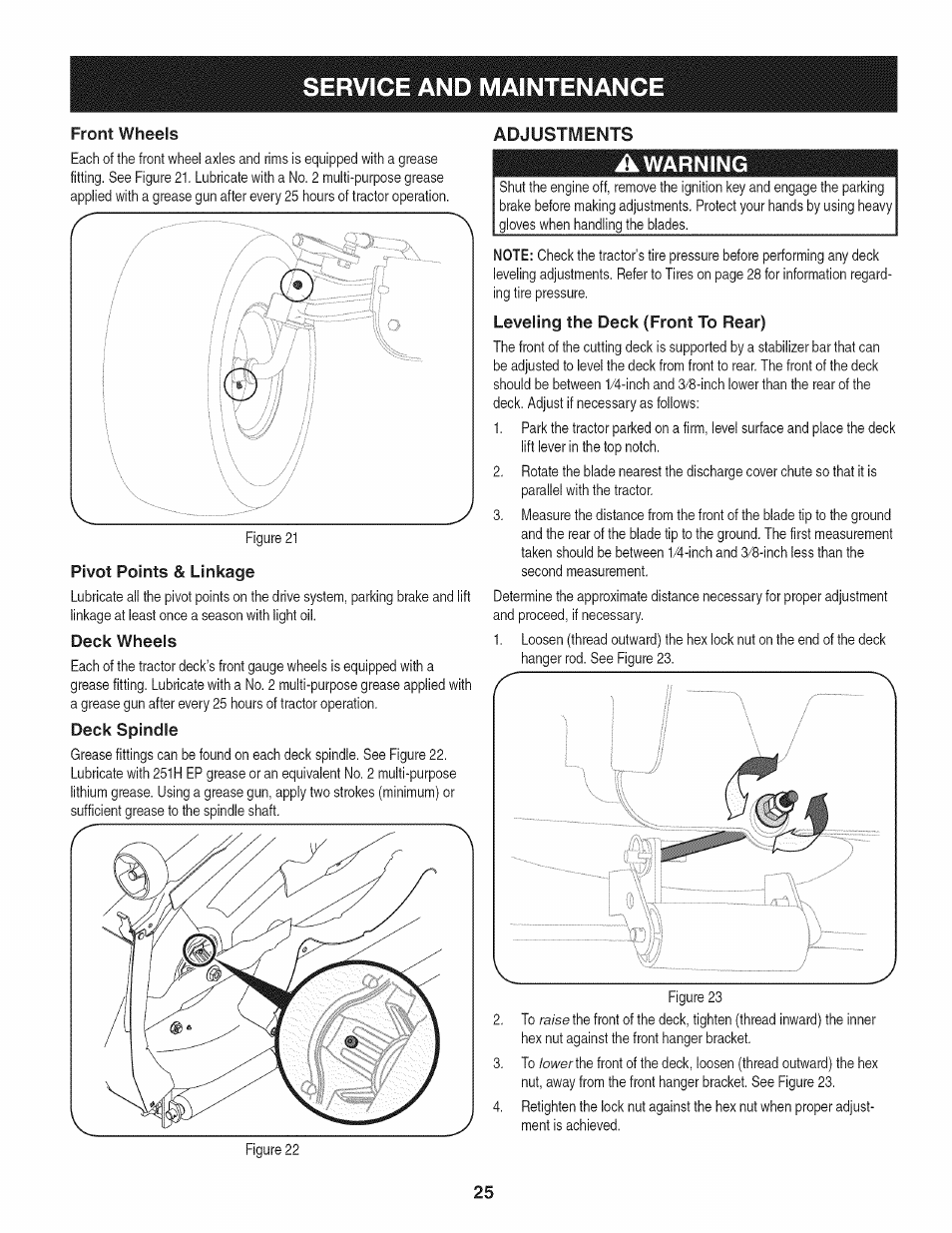 Front wheels, Pivot points & linkage, Deck wheels | Deck spindle, Adjustments, Leveling the deck (front to rear), Service and maintenanc | Craftsman PGT9000 User Manual | Page 25 / 100