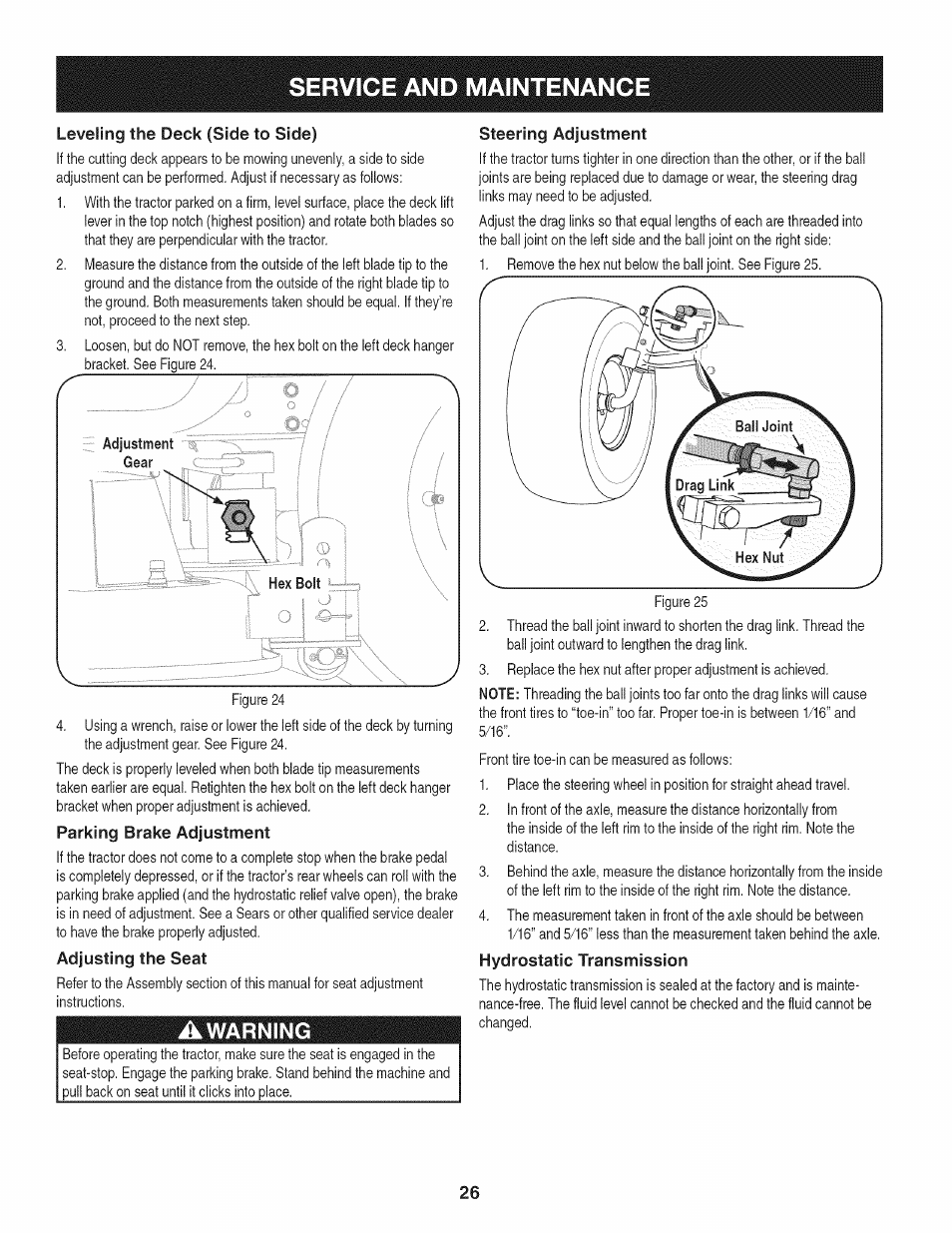 Leveling the deck (side to side), Adjustment, Hex bolt | Parking brake adjustment, Adjusting the seat, Steering adjustment, Hydrostatic transmission, Service and maintenance | Craftsman PGT9000 User Manual | Page 26 / 100