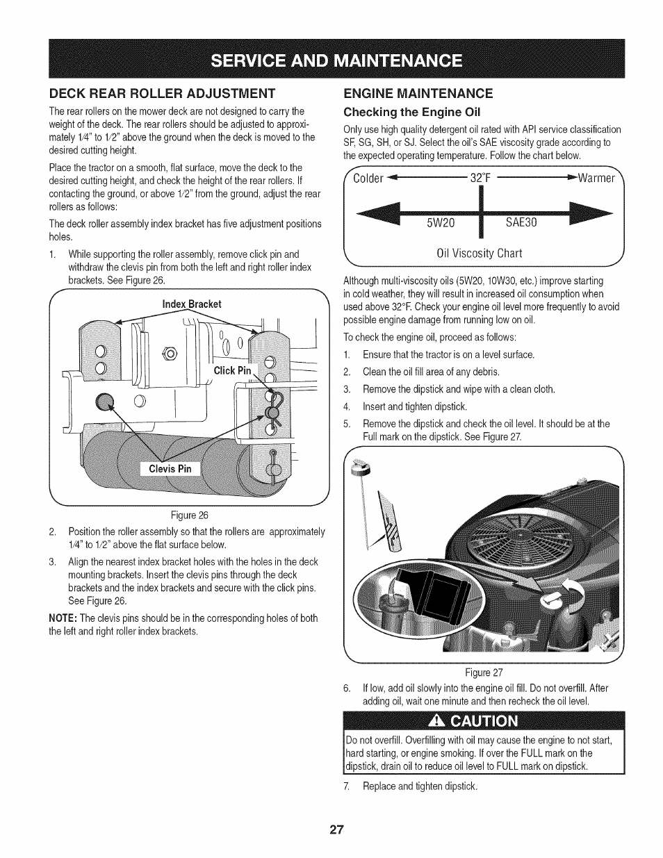 Engine maintenance, Checking the engine oil, A caution | Service and maintenance | Craftsman PGT9000 User Manual | Page 27 / 100