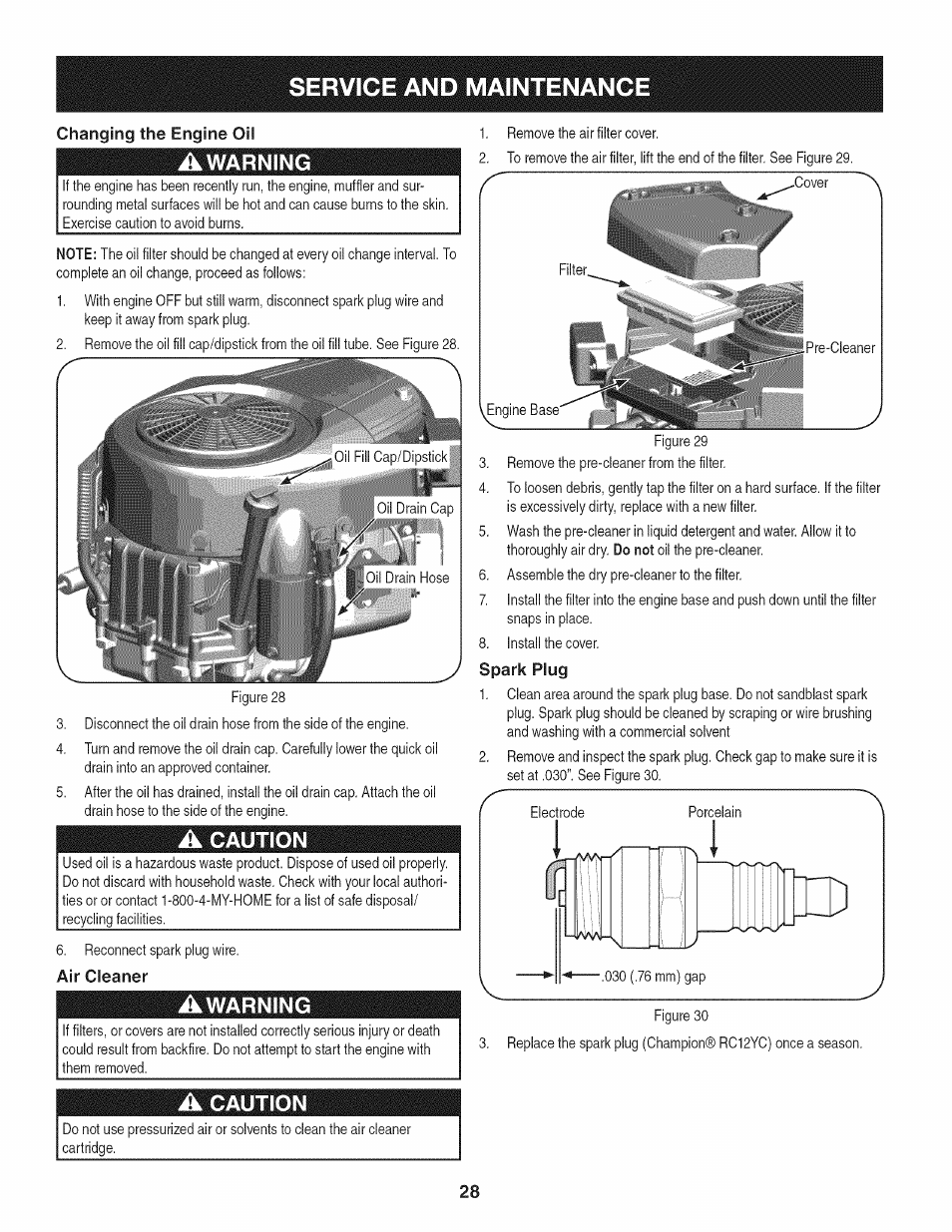 Changing the engine oil, Awarning, A caution | Air cleaner, Spark plug, Service and maintenance, Caution | Craftsman PGT9000 User Manual | Page 28 / 100