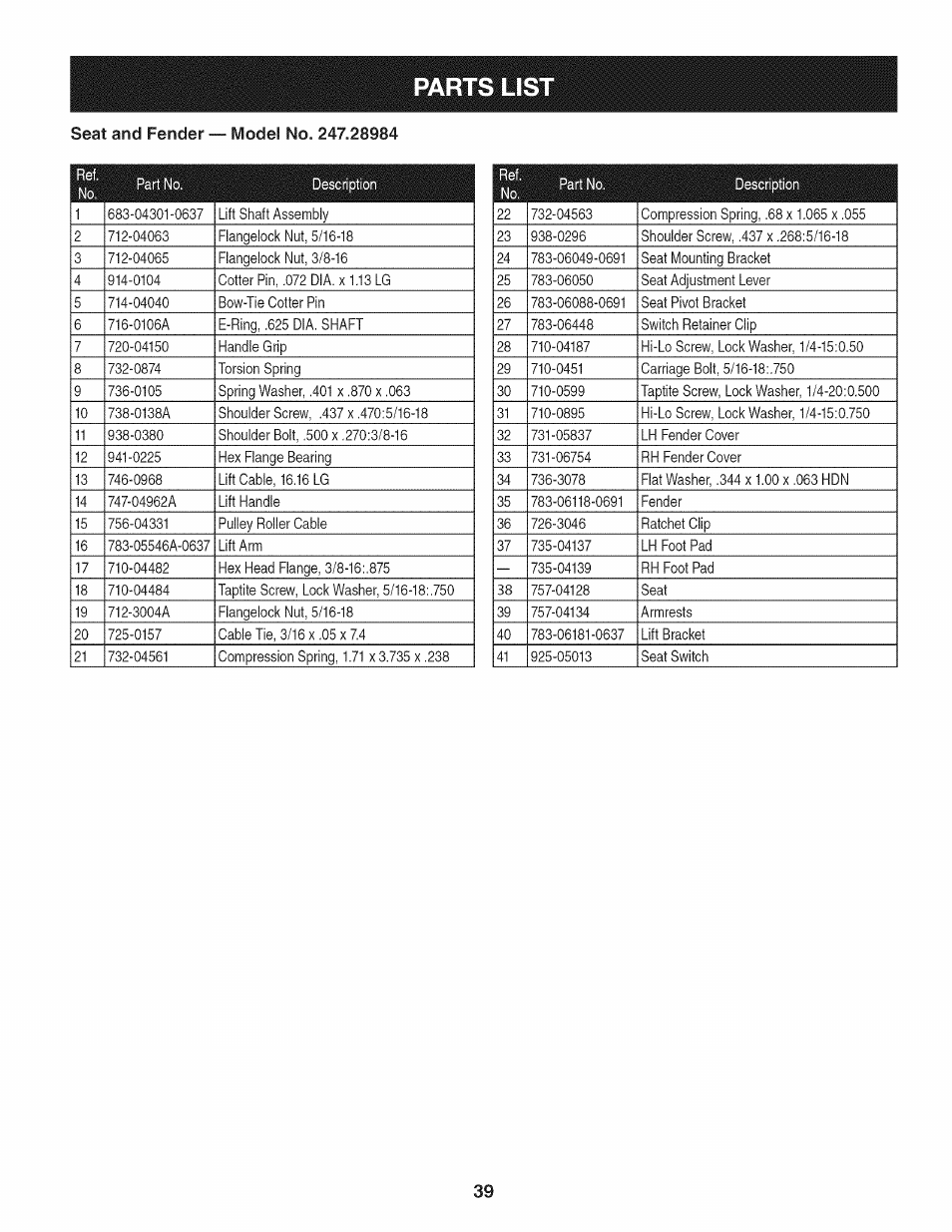 Parts lis | Craftsman PGT9000 User Manual | Page 39 / 100