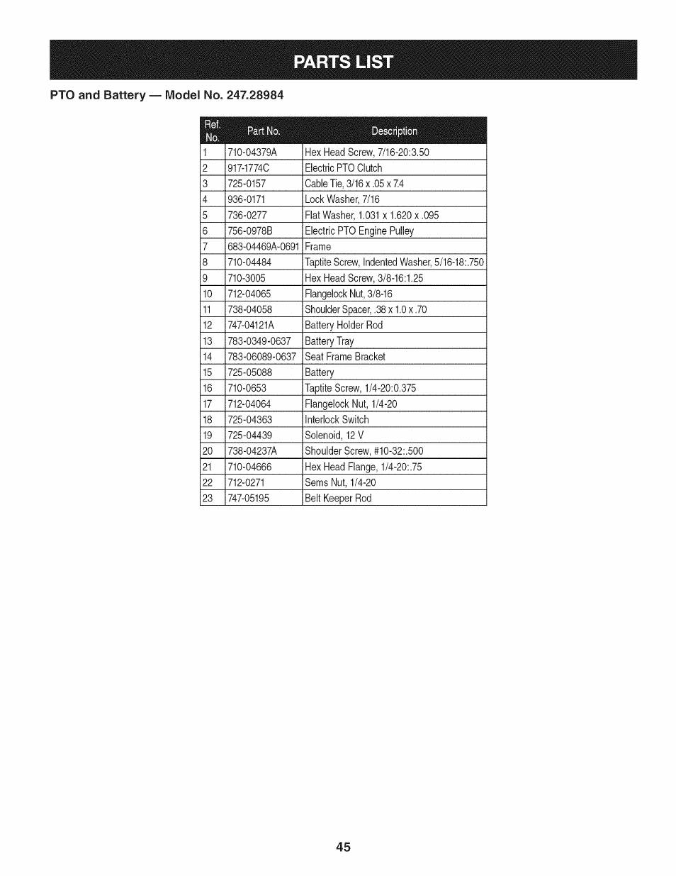 Parts lis | Craftsman PGT9000 User Manual | Page 45 / 100