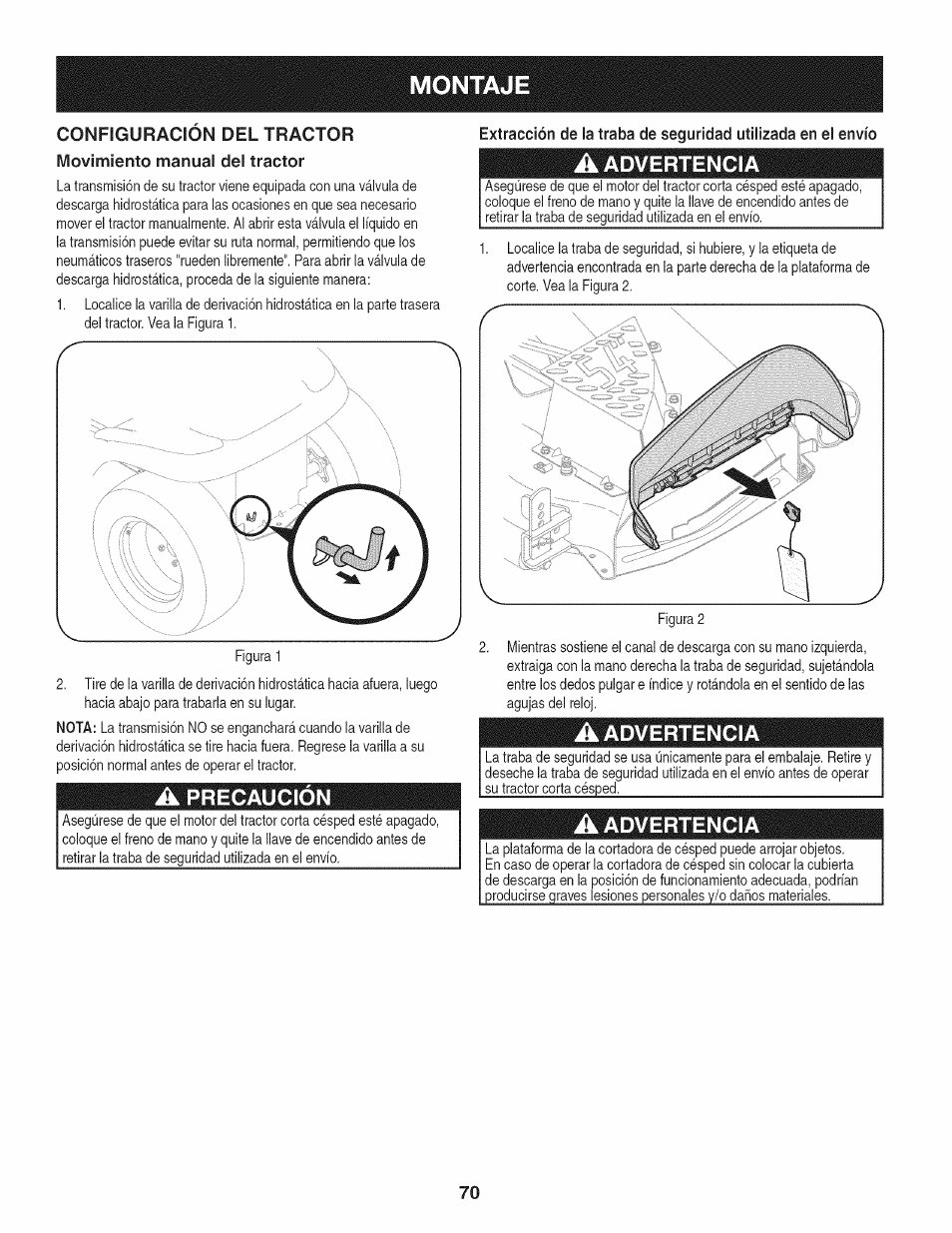 Movimiento manual del tractor, A advertencia, A precaución | Advertencia, Precaución | Craftsman PGT9000 User Manual | Page 70 / 100