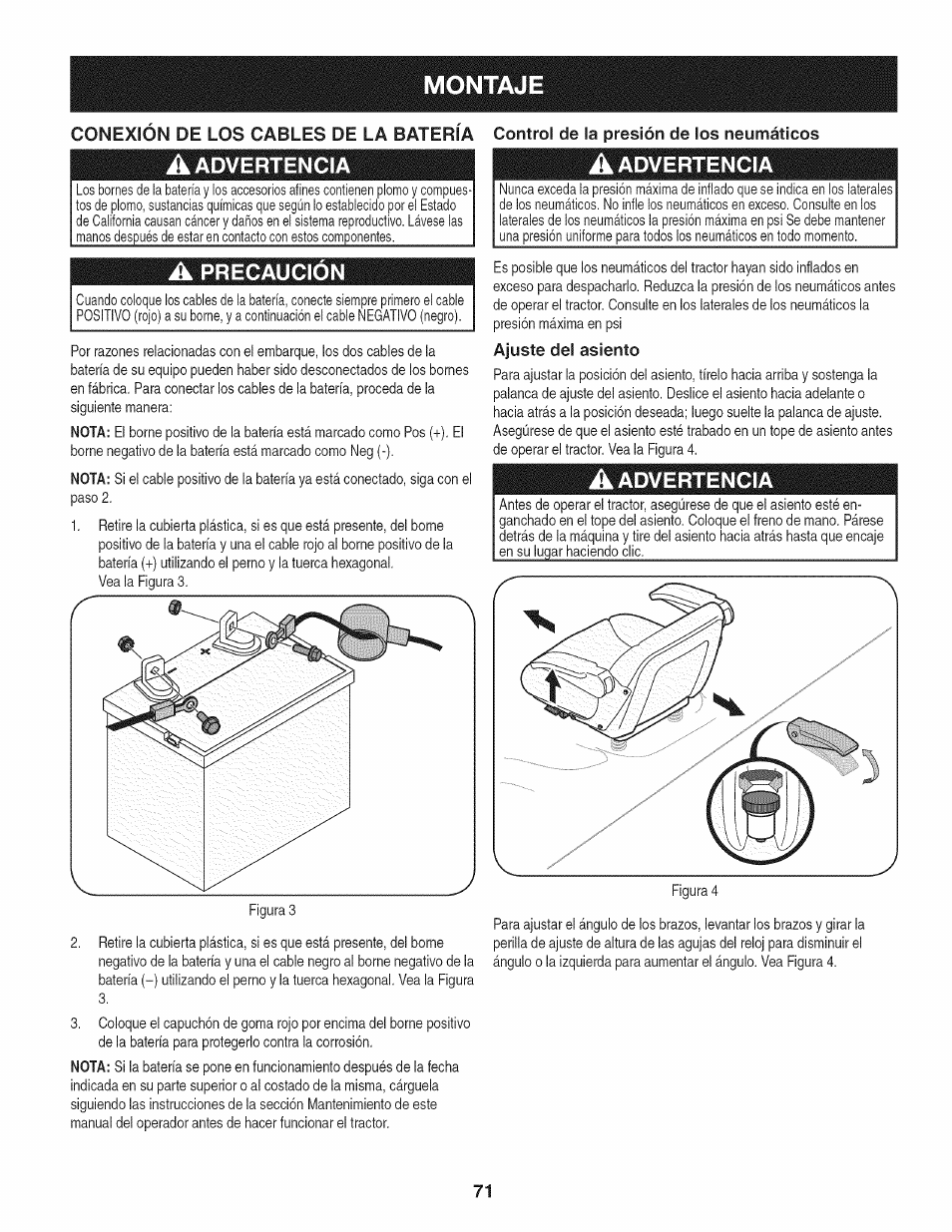 Montaje, A advertencia, A precaución | Ajuste del asiento, Advertencia, Precaución | Craftsman PGT9000 User Manual | Page 71 / 100