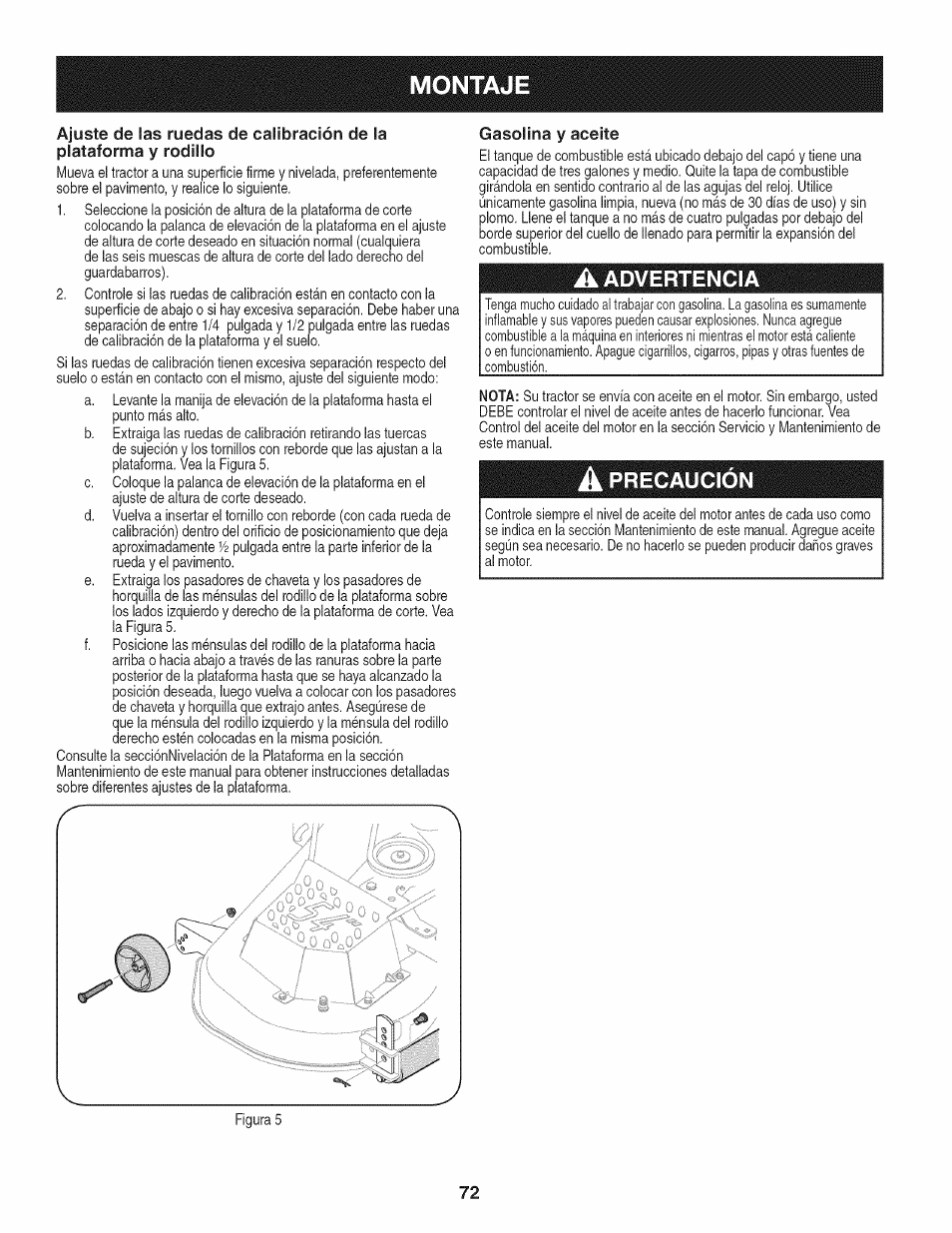 Montaje, Gasolina y aceite, A advertencia | A precaución | Craftsman PGT9000 User Manual | Page 72 / 100