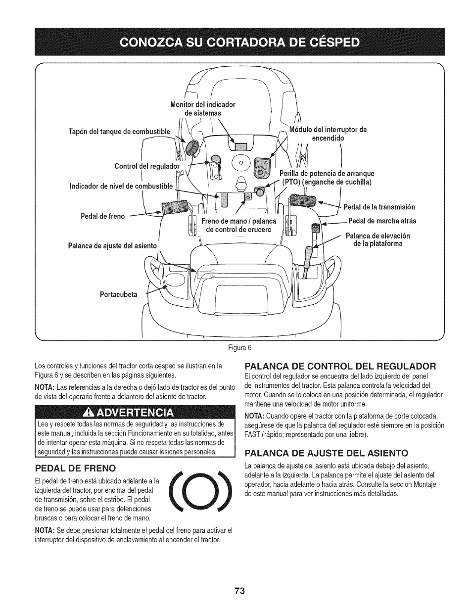 A advertencia, Pedal de freno, Palanca de control del regulador | Palanca de ajuste del asiento, Conozca su cortadora de cesped | Craftsman PGT9000 User Manual | Page 73 / 100