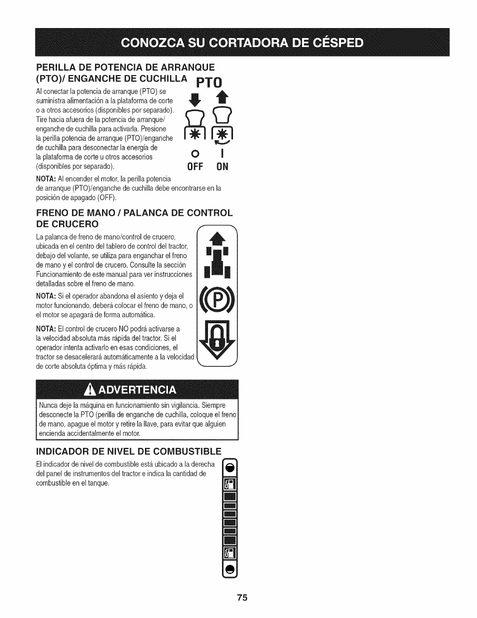 Freno de mano / palanca de control de crucero, Indicador de nivel de combustible | Craftsman PGT9000 User Manual | Page 75 / 100