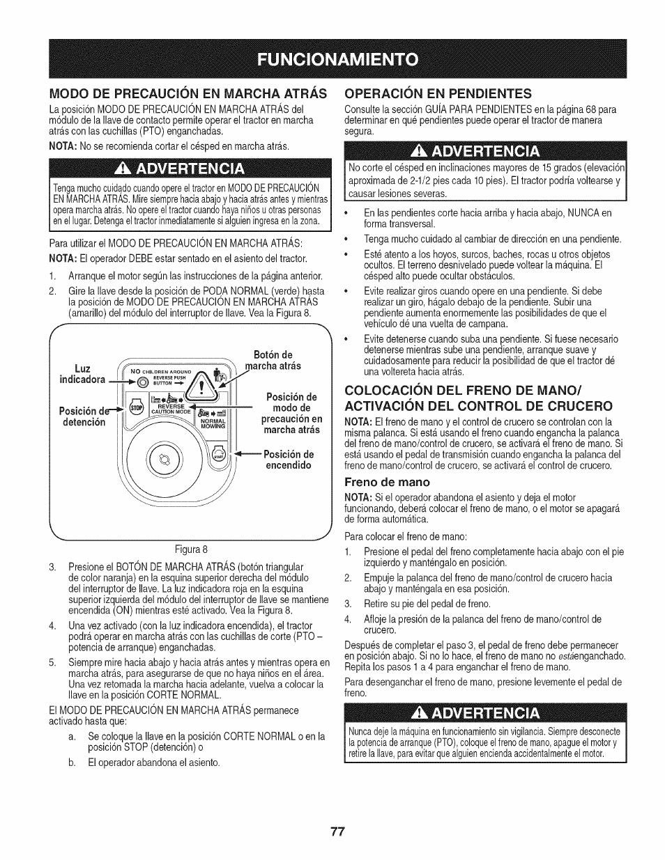 Operacion en pendientes, A advertencia, Freno de mano | Funcionamiento, Advertencia | Craftsman PGT9000 User Manual | Page 77 / 100