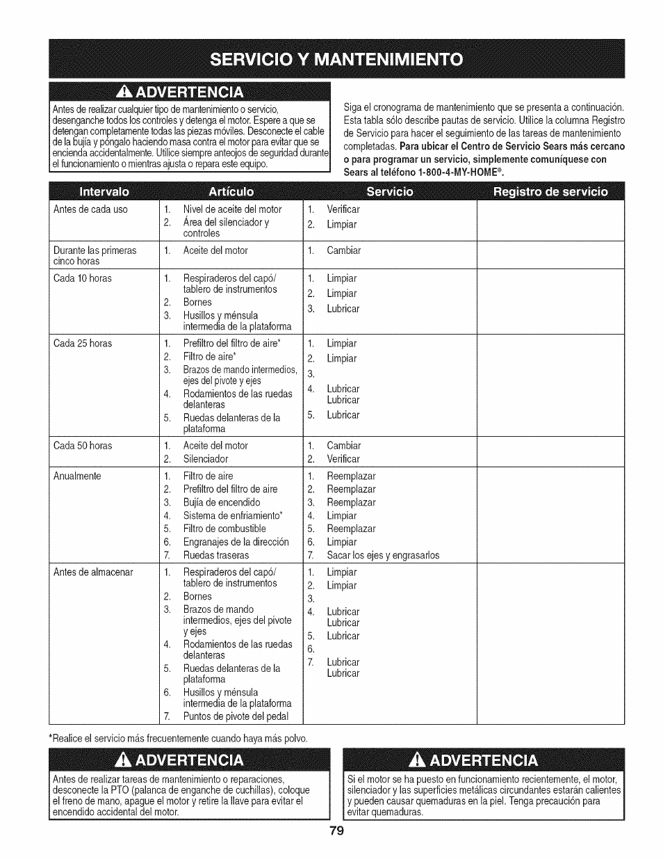 A advertencia, Servicio y mantenimient a, Advertencia | Craftsman PGT9000 User Manual | Page 79 / 100