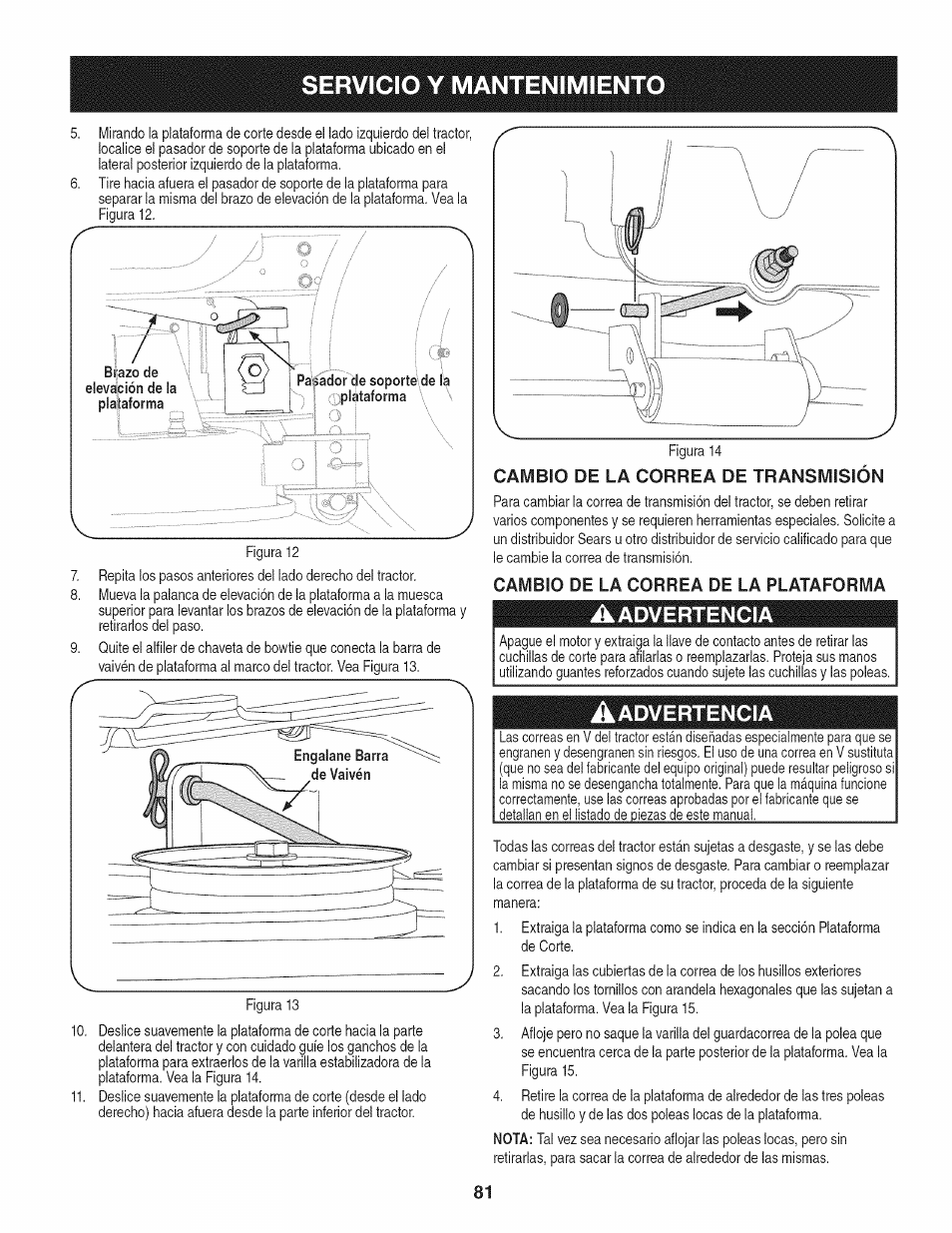 Cambio de la correa de la plataforma, Aadvertencia, Servicio y mantenimiento | Craftsman PGT9000 User Manual | Page 81 / 100