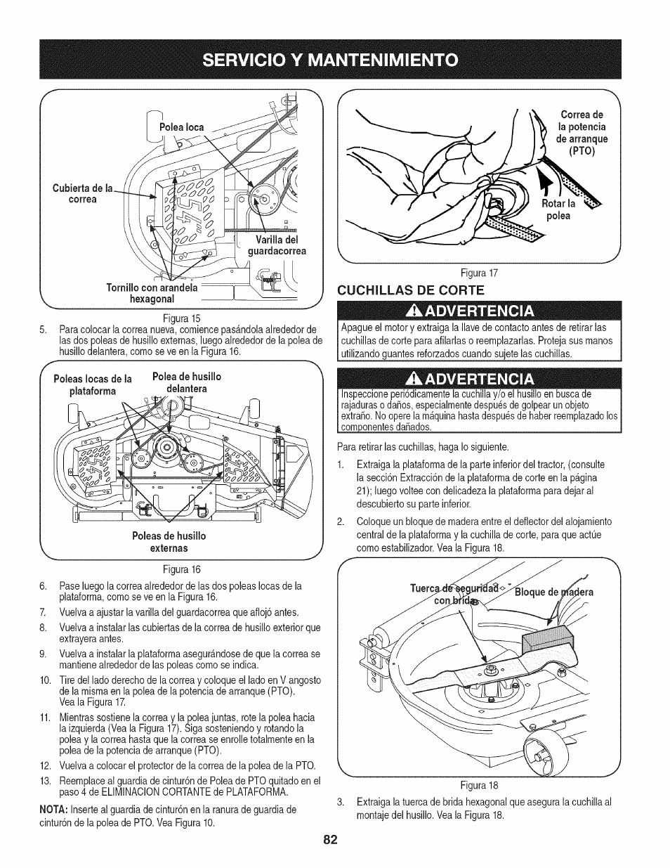 Poleas de husillo externas, Cuchillas de corte, Aadvertencia | Servicio y mantenimiento | Craftsman PGT9000 User Manual | Page 82 / 100