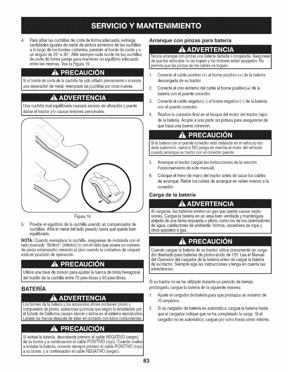 A precaucion, A advertencia, A precaución | Arranque con pinzas para batería, Carga de la batería, Servicio y mantenimiento | Craftsman PGT9000 User Manual | Page 83 / 100