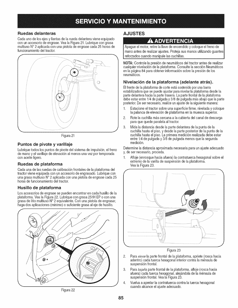 Ruedas delanteras, Puntos de pivote y varillaje, Ruedas de plataforma | Husillo de plataforma, Ajustes, A advertencia, Nivelación de la plataforma (adelante atrás), Servicio y mantenimient | Craftsman PGT9000 User Manual | Page 85 / 100