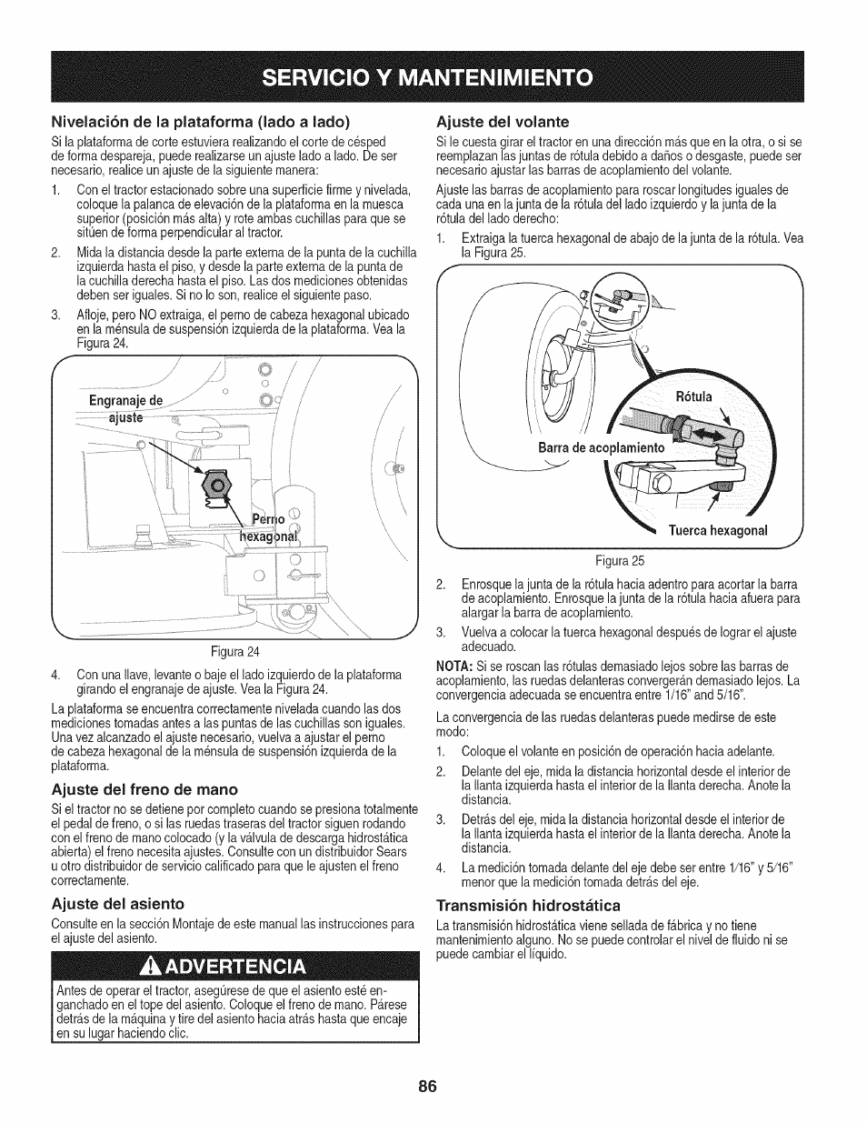 Nivelación de la plataforma (lado a lado), Ajuste del freno de mano, Ajuste del asiento | Ajuste del volante, Transmisión hidrostática, Servicio y mantenimiento | Craftsman PGT9000 User Manual | Page 86 / 100