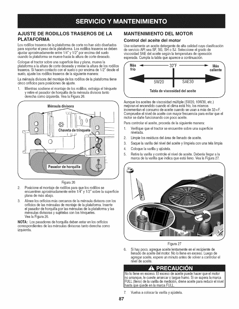 Ajuste de rodillos traseros de la plataforma, Más frío, A precaución | Servicio y mantenimiento | Craftsman PGT9000 User Manual | Page 87 / 100