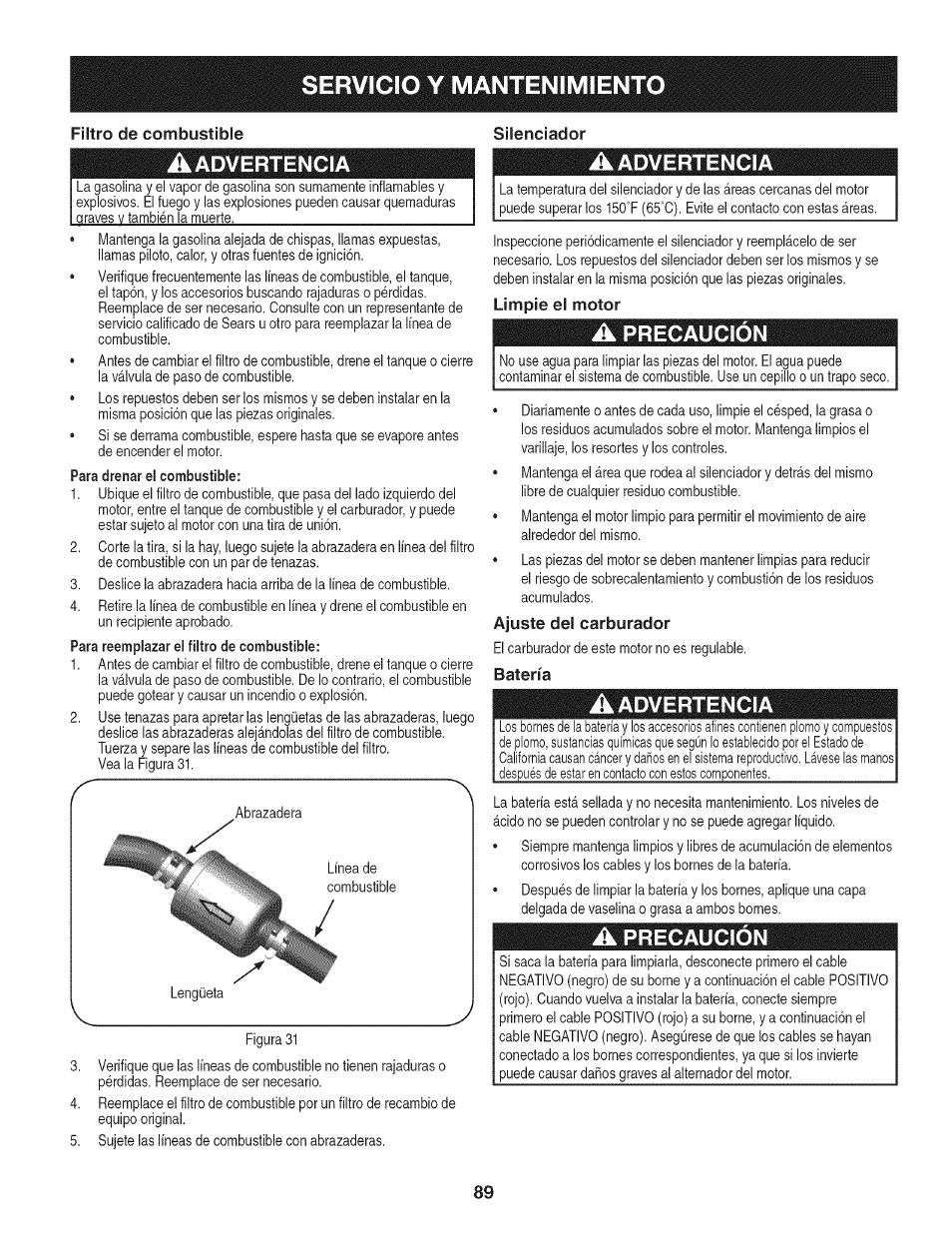 Filtro de combustible, Para drenar el combustible, Limpie el motor | A precaución, Ajuste del carburador, Batería, Servicio y mantenimient | Craftsman PGT9000 User Manual | Page 89 / 100