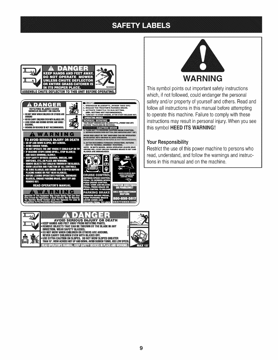 Шшезпзх, Your responsibility, Adanger | Warning, Safety label, A danger | Craftsman PGT9000 User Manual | Page 9 / 100