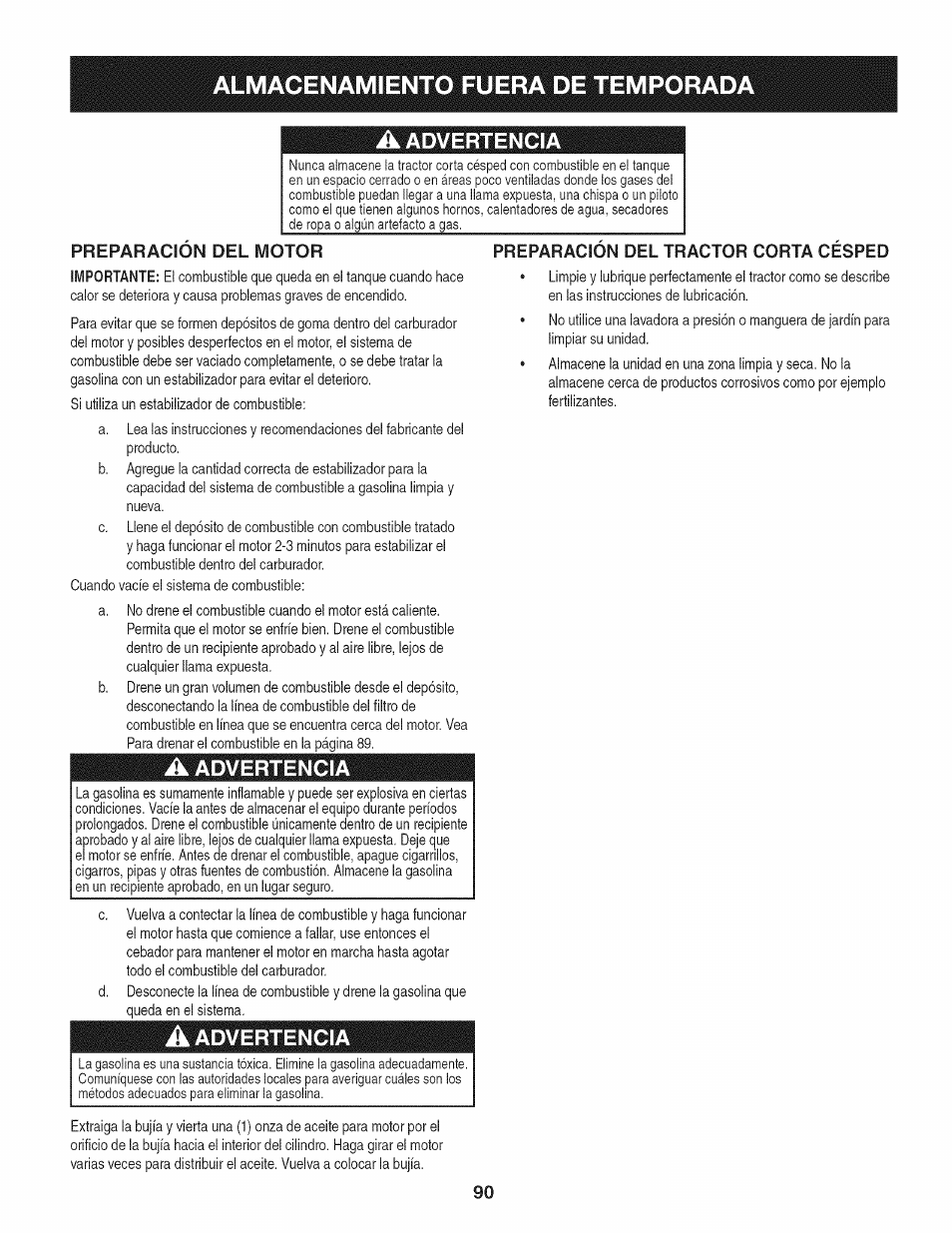 Almacenamiento fuera de temporad, A advertencia, Preparacion del motor | Preparacion del tractor corta cesped, Advertencia | Craftsman PGT9000 User Manual | Page 90 / 100