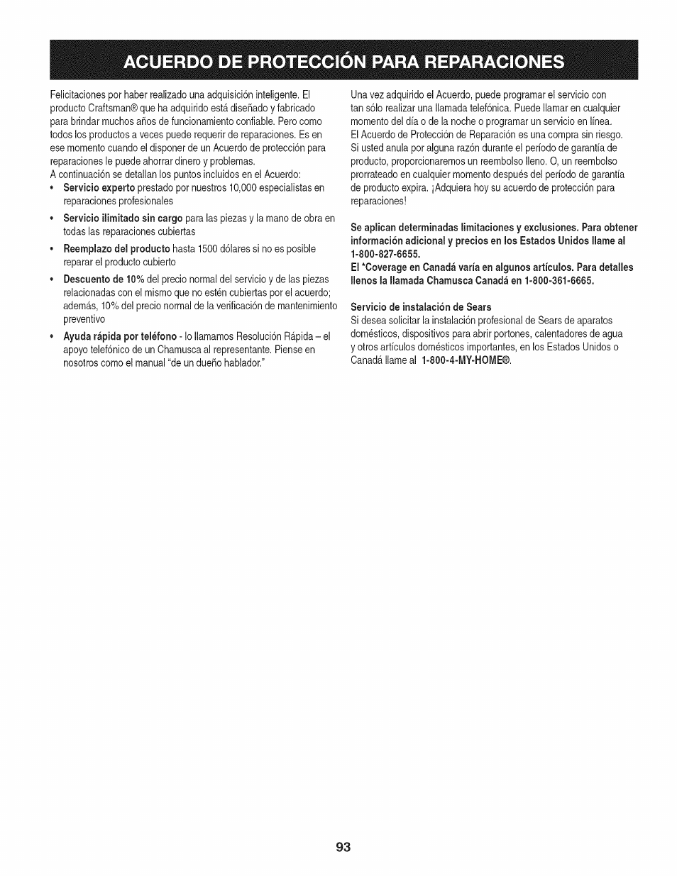 Acuerdo de proteccion para reparaciones, Servicio de instalación de sears | Craftsman PGT9000 User Manual | Page 93 / 100