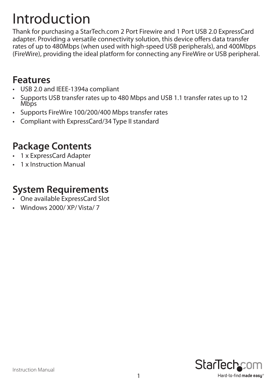 Introduction, Features, Package contents | System requirements | StarTech.com EC1U2F User Manual | Page 3 / 7