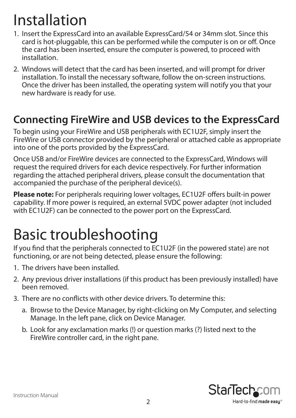 Installation, Basic troubleshooting | StarTech.com EC1U2F User Manual | Page 4 / 7