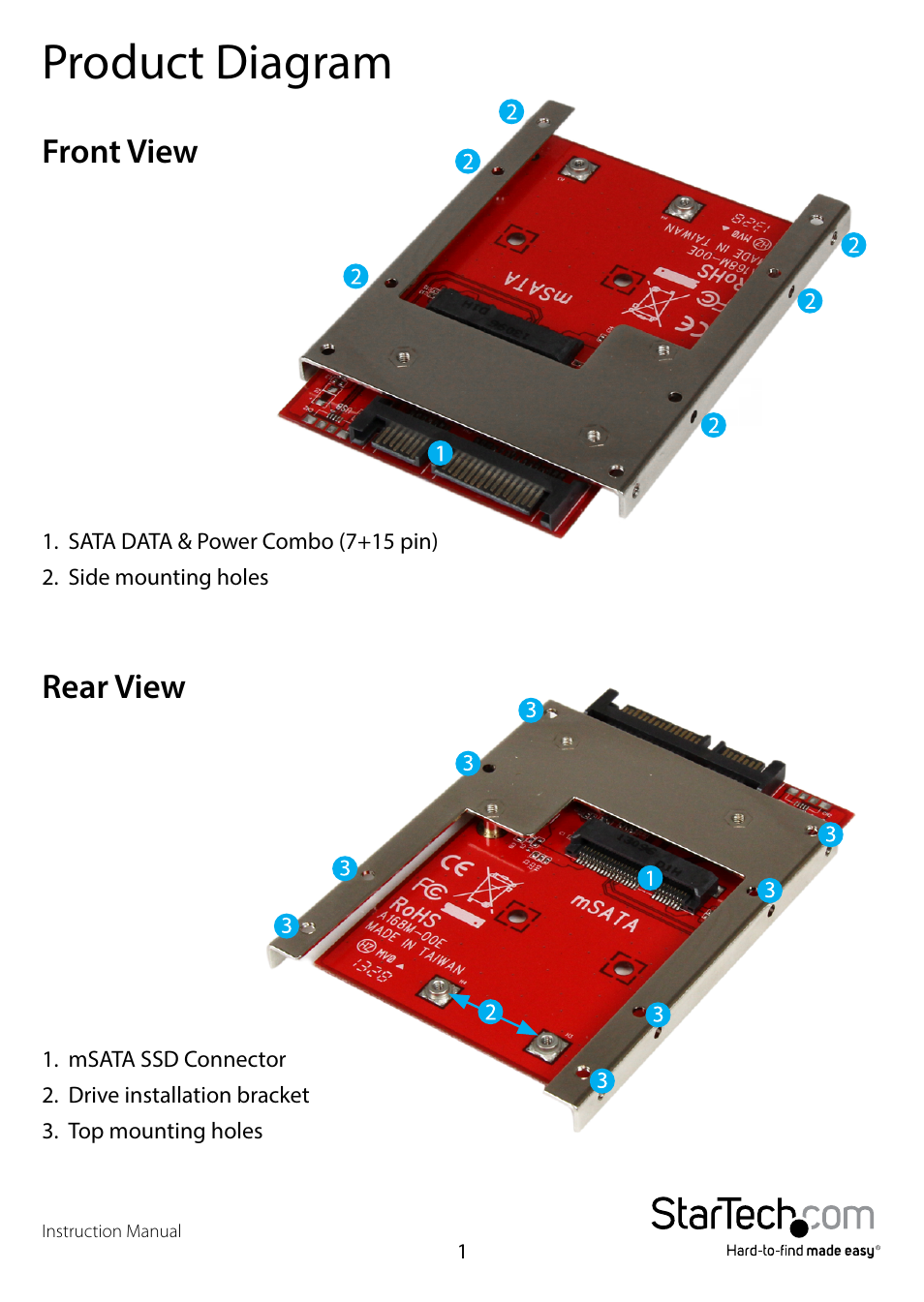 Product diagram, Front view, Rear view | Front view rear view | StarTech.com SAT32MSAT257 User Manual | Page 4 / 9