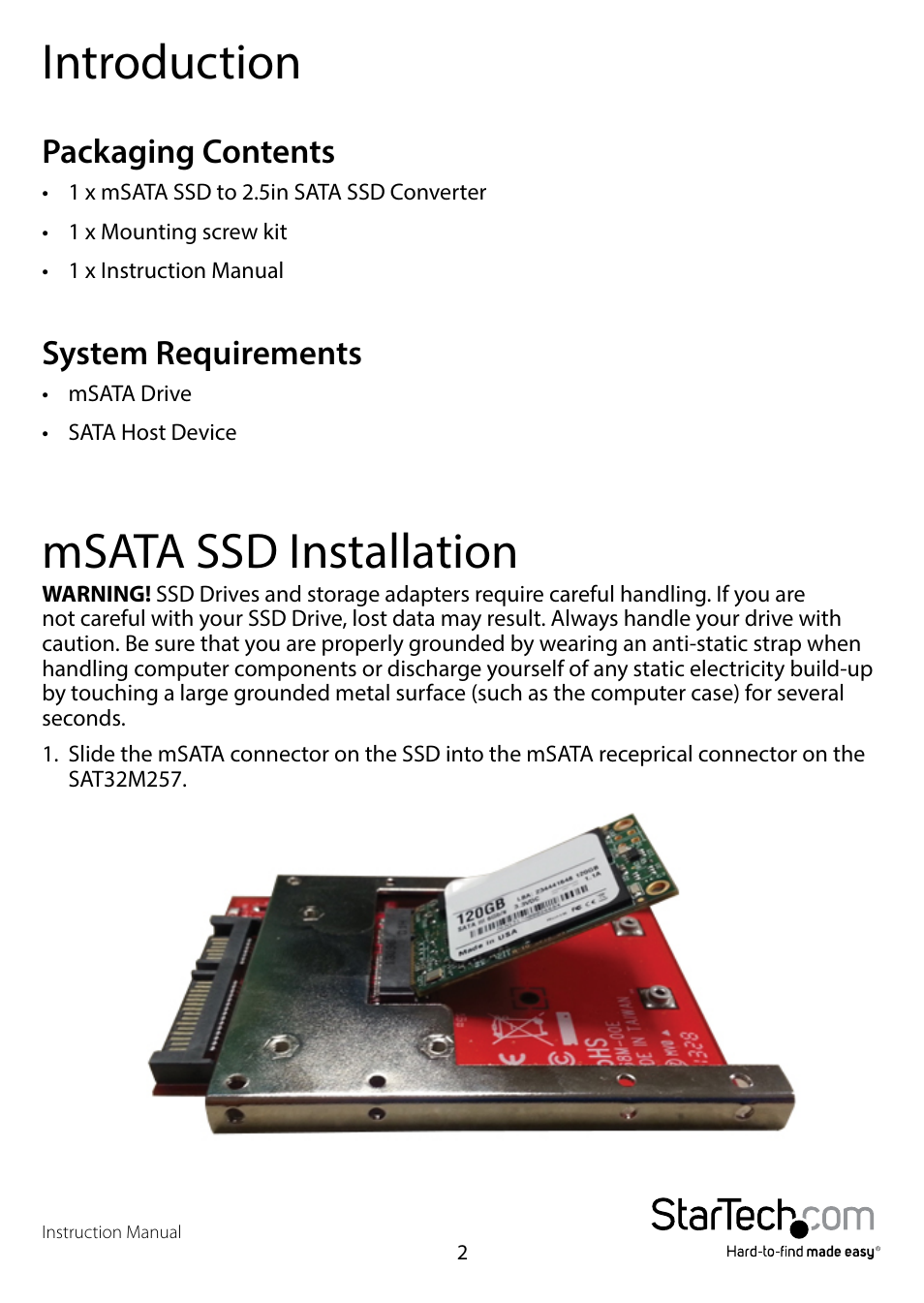 Introduction, Packaging contents, System requirements | Msata ssd installation, Packaging contents system requirements | StarTech.com SAT32MSAT257 User Manual | Page 5 / 9