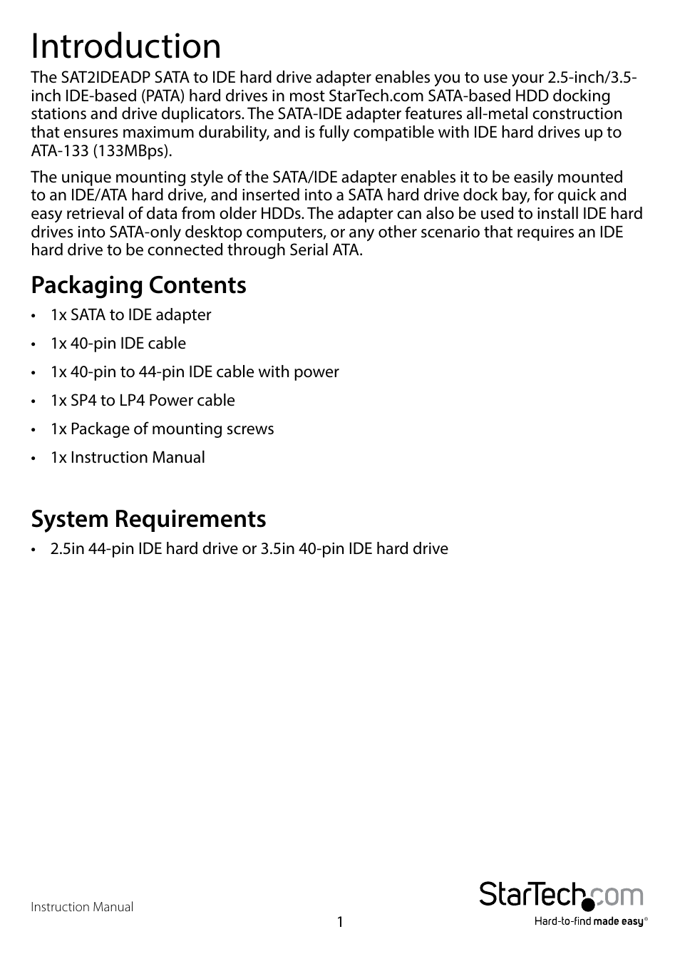Introduction, Packaging contents, System requirements | Packaging contents system requirements | StarTech.com SAT2IDEADP User Manual | Page 4 / 11