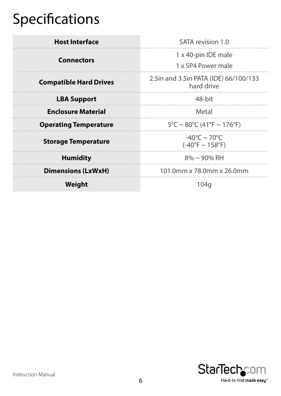 Specifications | StarTech.com SAT2IDEADP User Manual | Page 9 / 11