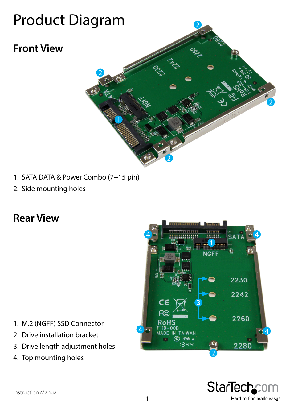 Product diagram, Front view, Rear view | Front view rear view | StarTech.com SAT32M225 User Manual | Page 4 / 11