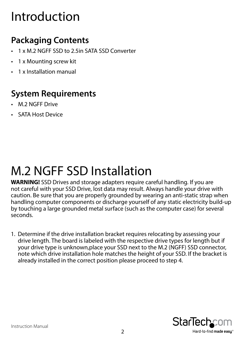 Introduction, Packaging contents, System requirements | M.2 ngff ssd installation, Packaging contents system requirements | StarTech.com SAT32M225 User Manual | Page 5 / 11