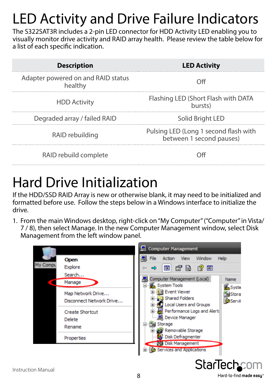 Led activity and drive failure indicators, Hard drive initialization | StarTech.com S322SAT3R User Manual | Page 11 / 14