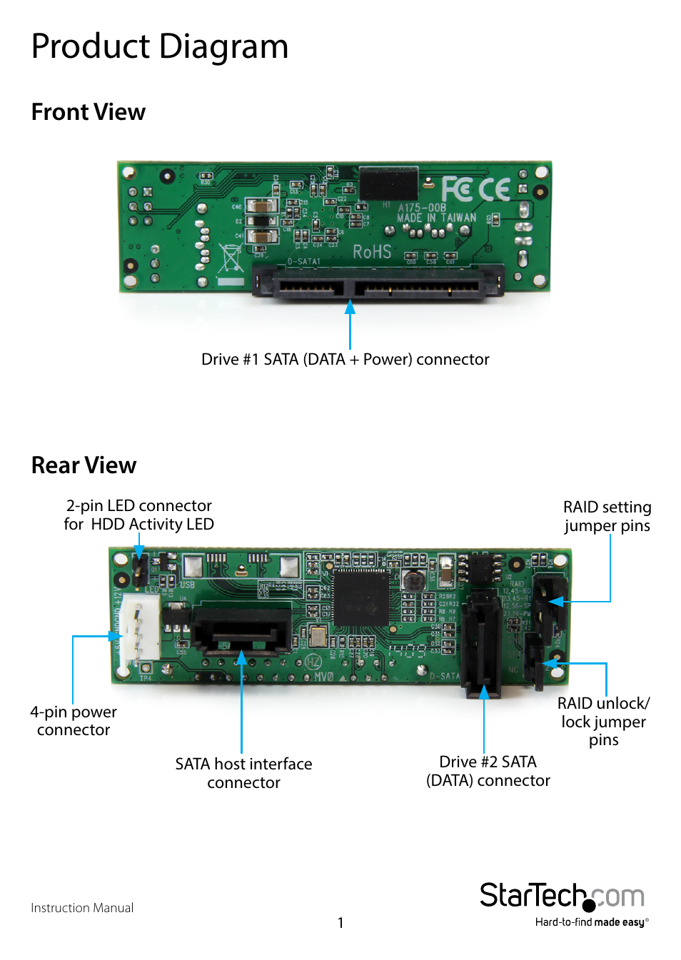 Product diagram, Front view, Rear view | Front view rear view | StarTech.com S322SAT3R User Manual | Page 4 / 14