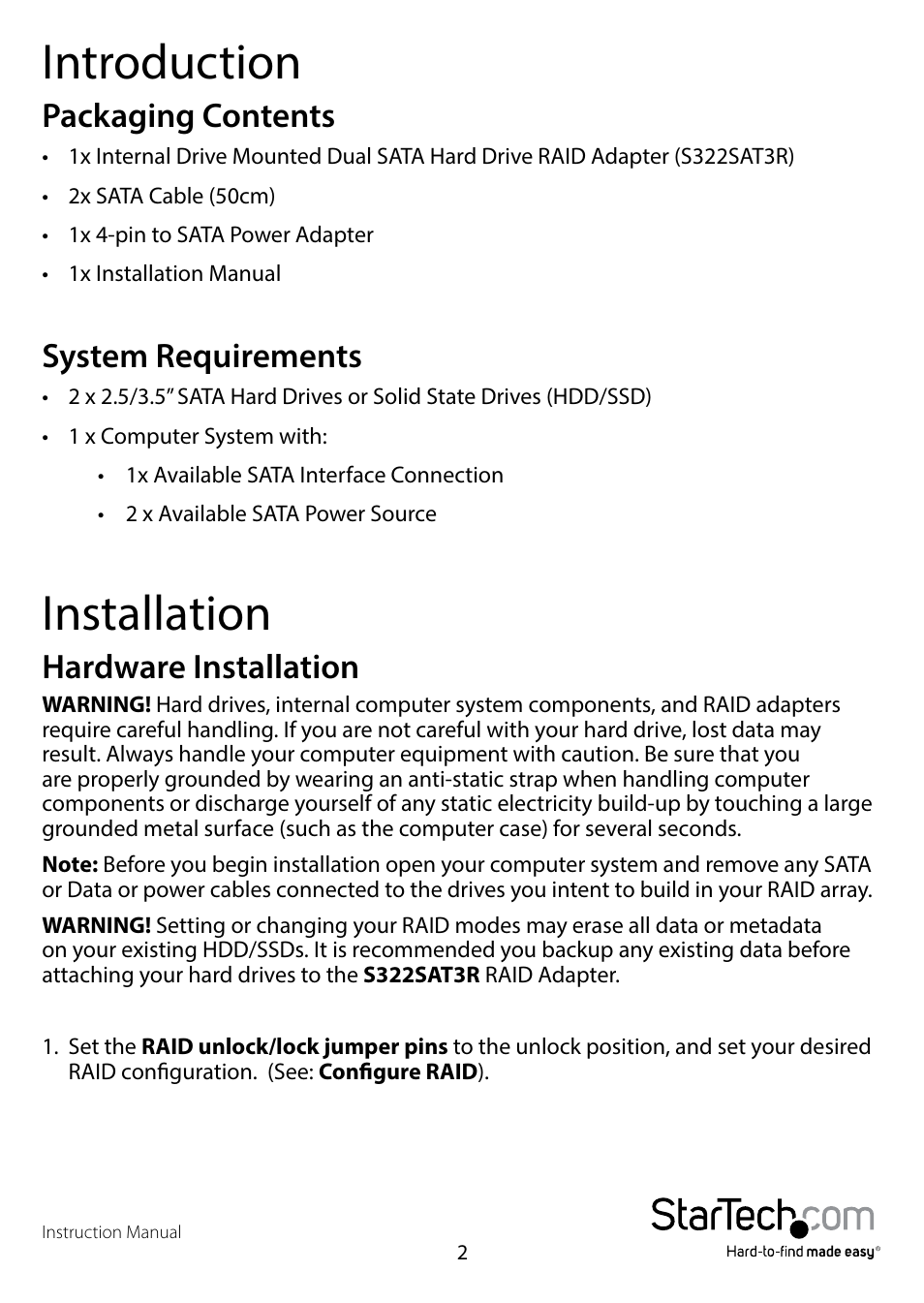 Introduction, Packaging contents, System requirements | Installation, Hardware installation, Packaging contents system requirements | StarTech.com S322SAT3R User Manual | Page 5 / 14