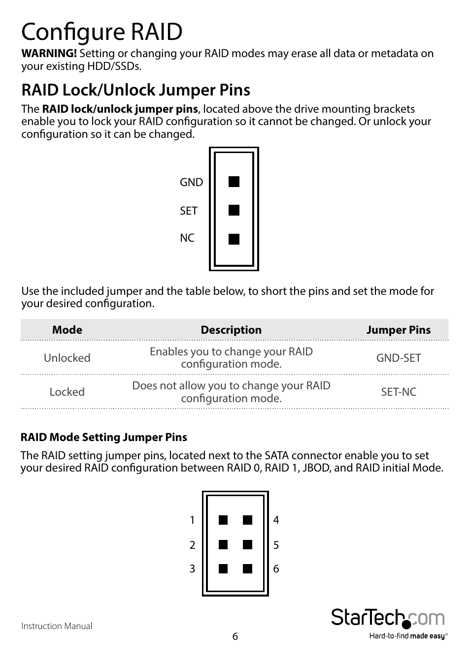 Configure raid, Raid lock/unlock jumper pins | StarTech.com S322SAT3R User Manual | Page 9 / 14