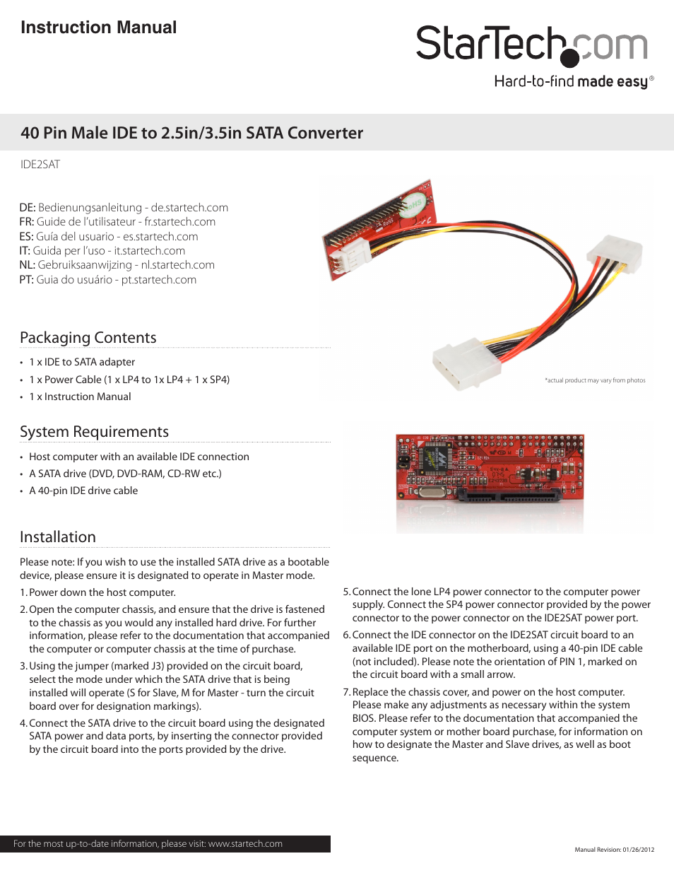 StarTech.com IDE2SAT User Manual | 2 pages