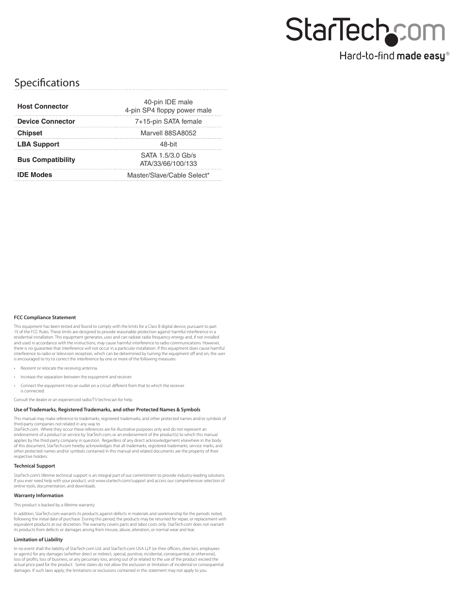 Specifications | StarTech.com IDE2SAT User Manual | Page 2 / 2