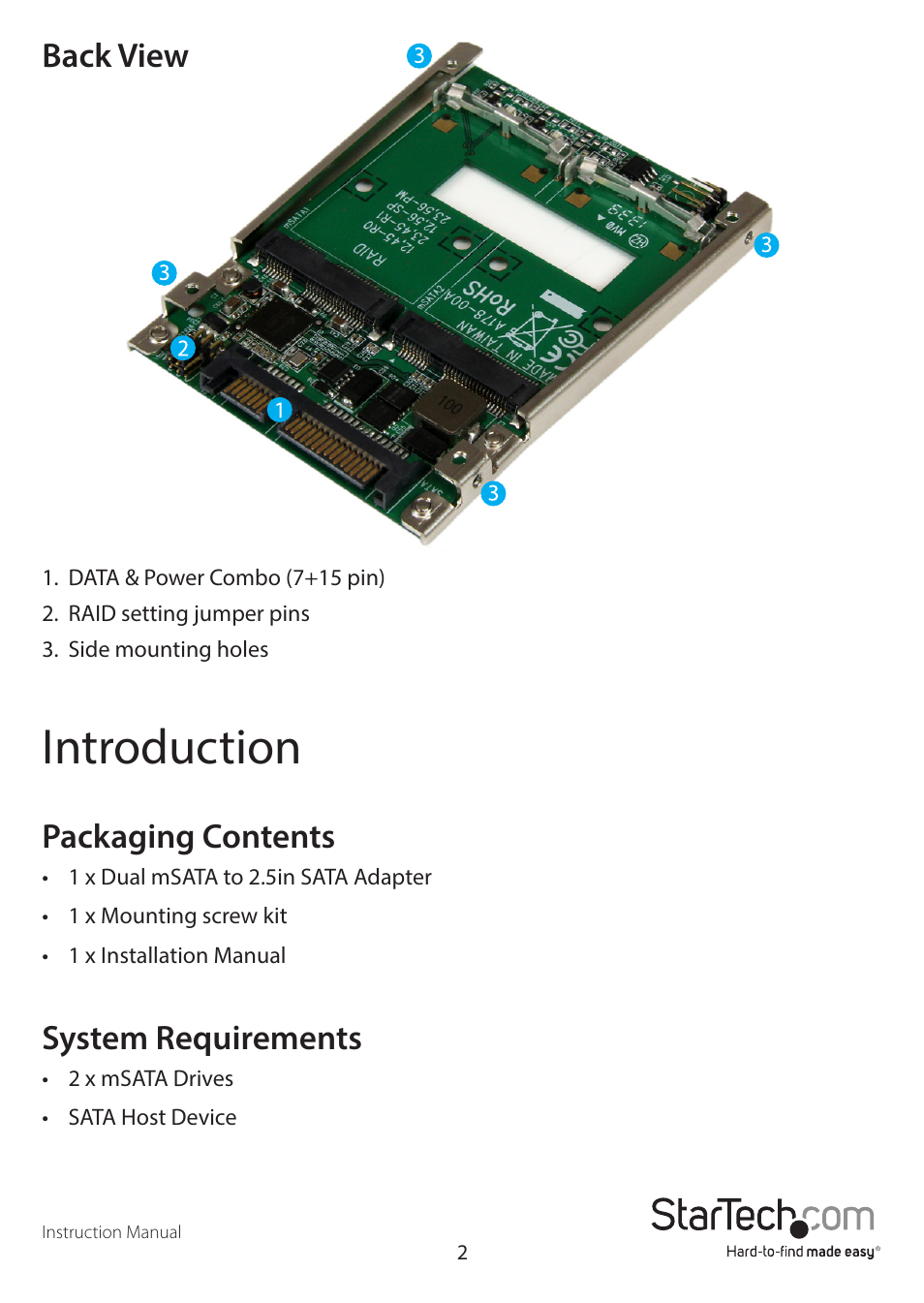 Introduction, Back view, Packaging contents | System requirements | StarTech.com 25SAT22MSAT User Manual | Page 5 / 13