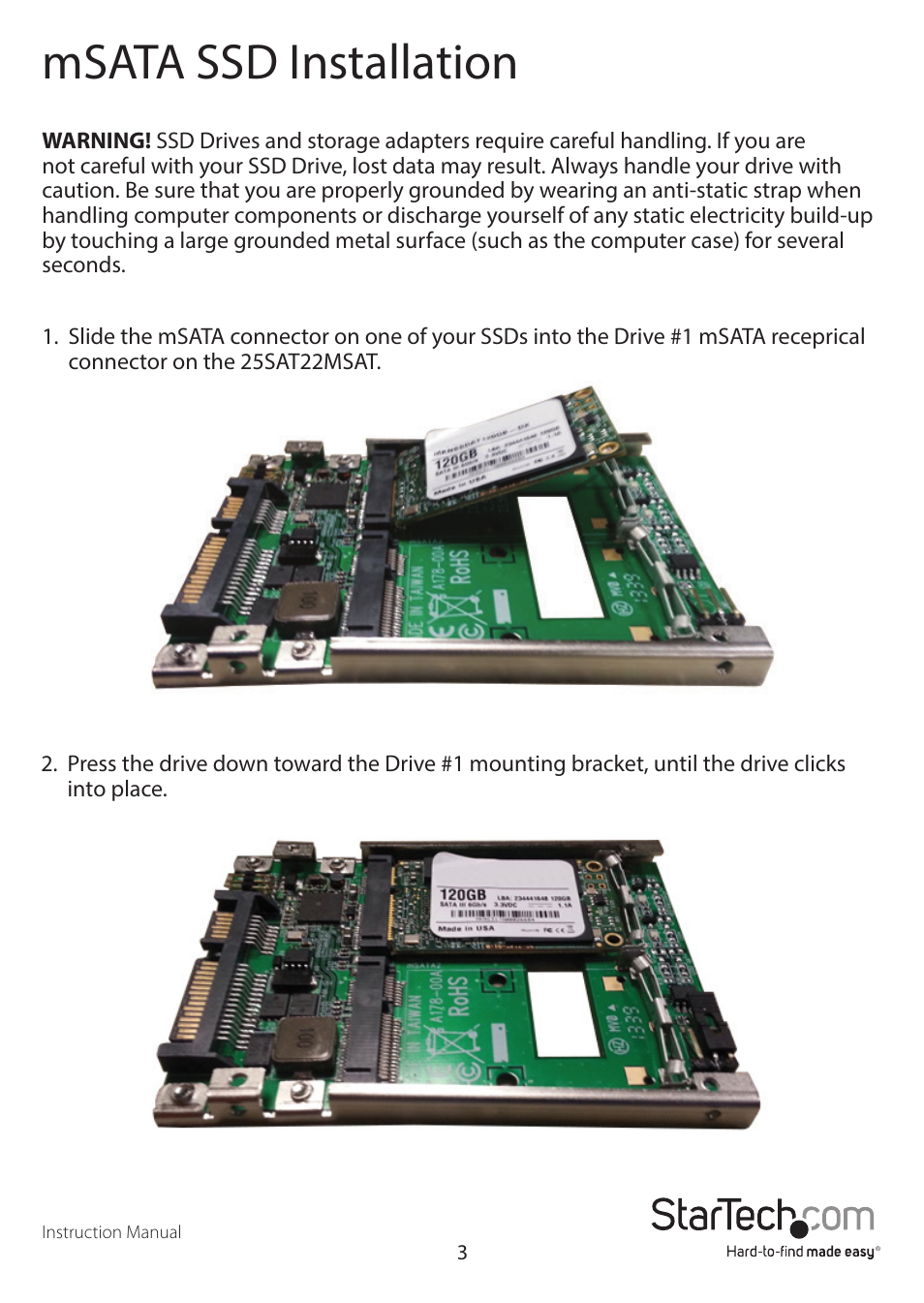 Msata ssd installation | StarTech.com 25SAT22MSAT User Manual | Page 6 / 13