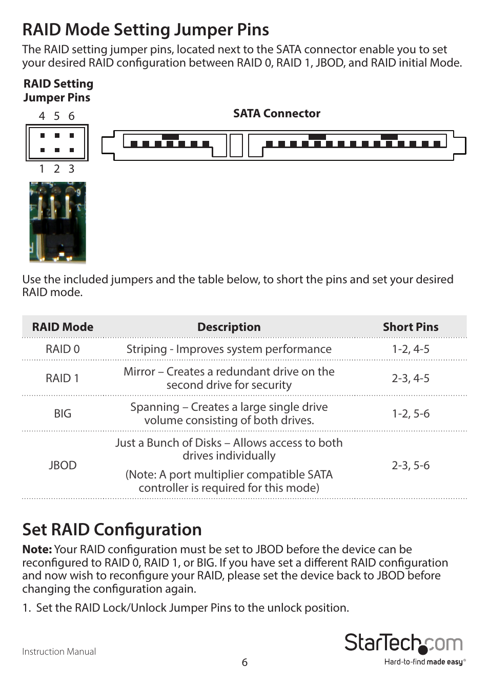 Set raid configuration, Raid mode setting jumper pins | StarTech.com 25SAT22MSAT User Manual | Page 9 / 13