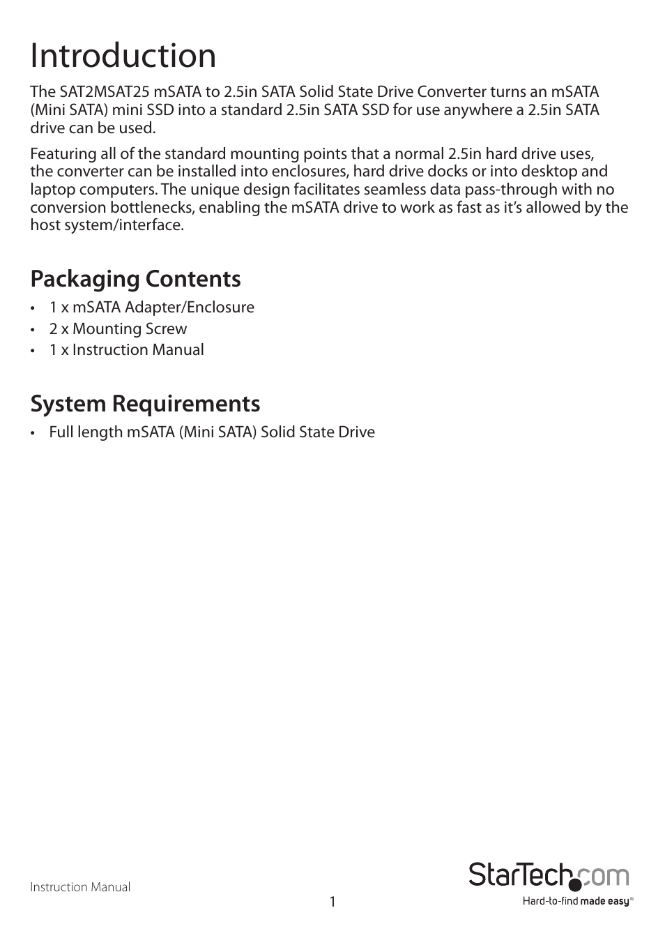 Introduction, Packaging contents, System requirements | StarTech.com SAT2MSAT25 User Manual | Page 4 / 11