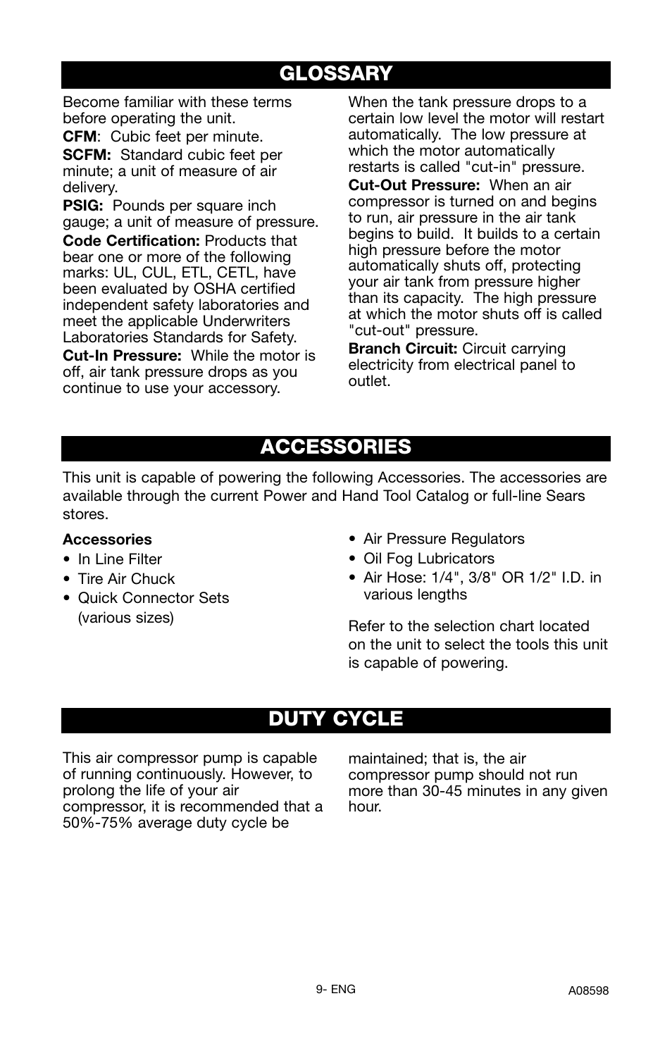 Glossary accessories, Duty cycle | Craftsman 919.167242 User Manual | Page 9 / 44