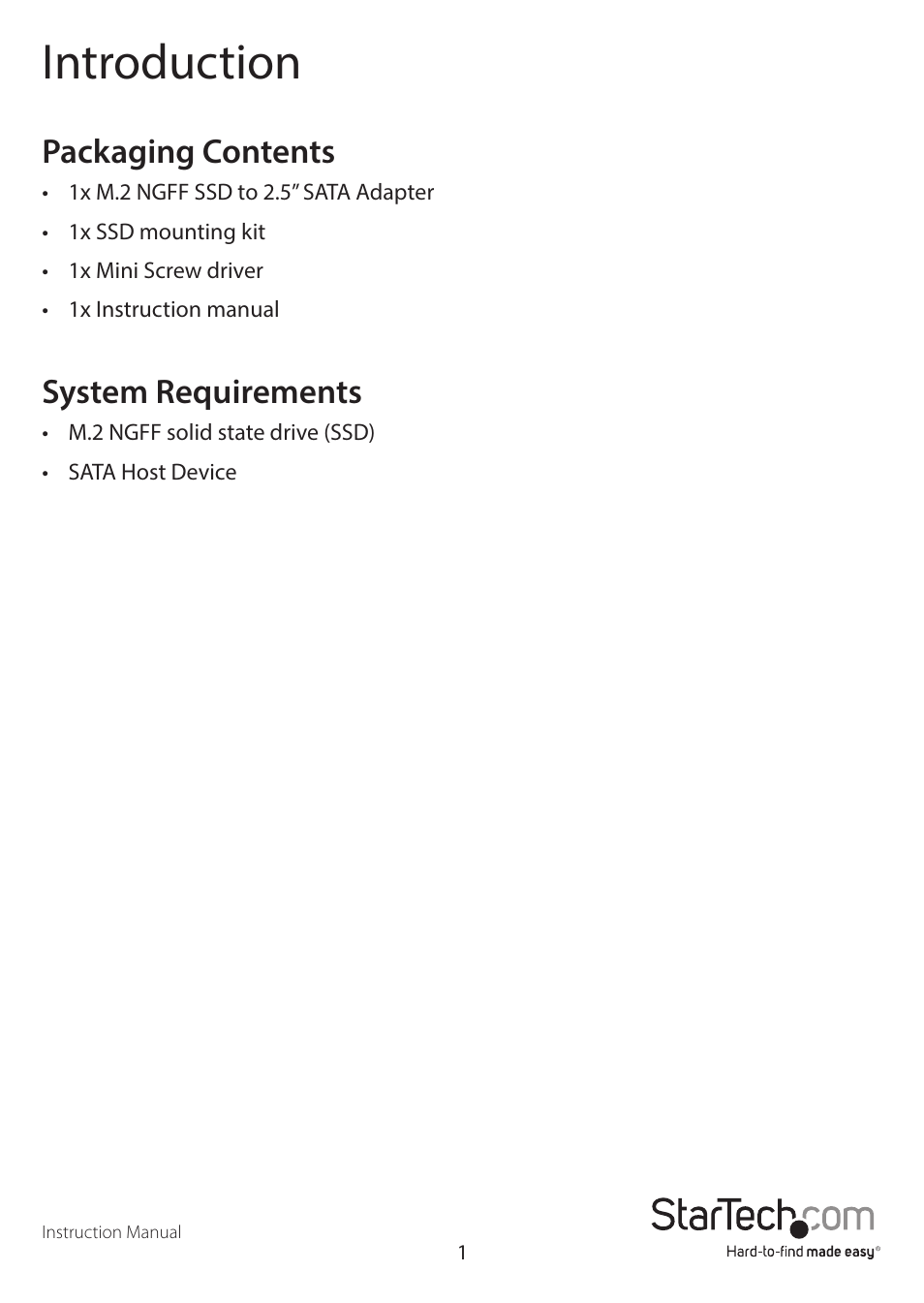 Introduction, Packaging contents, System requirements | StarTech.com SAT2M2NGFF25 User Manual | Page 4 / 15