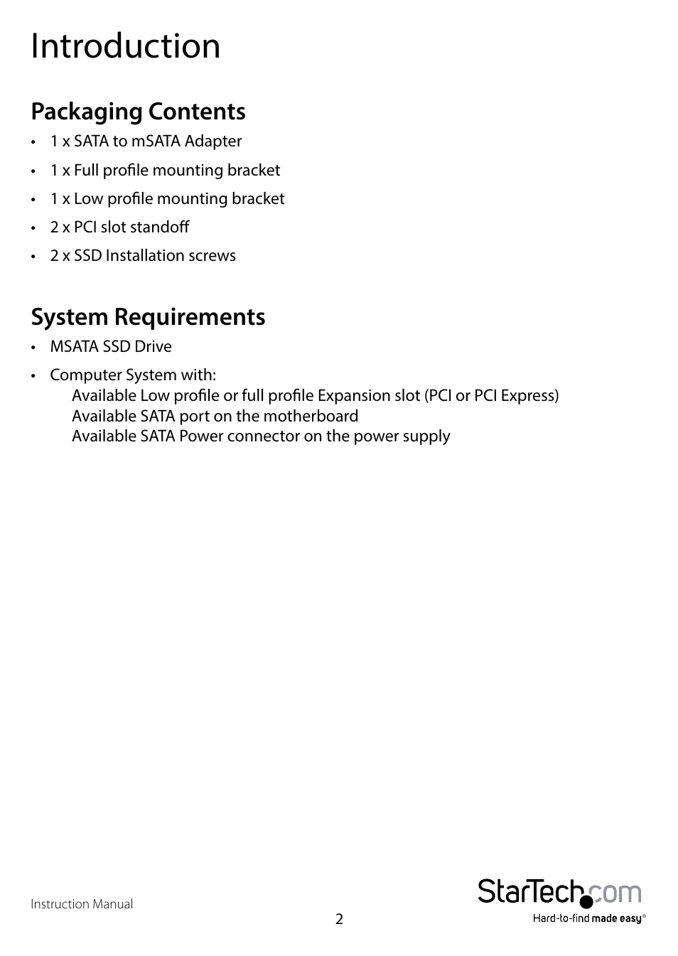 Introduction, Packaging contents, System requirements | Packaging contents system requirements | StarTech.com SAT32MSATPEX User Manual | Page 5 / 13