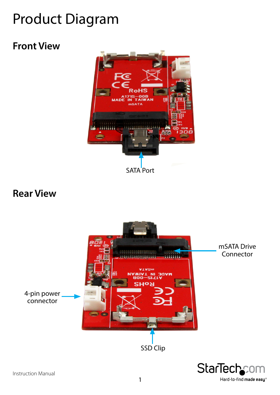 Product diagram, Front view, Rear view | Front view rear view | StarTech.com SAT32MSATM User Manual | Page 4 / 10